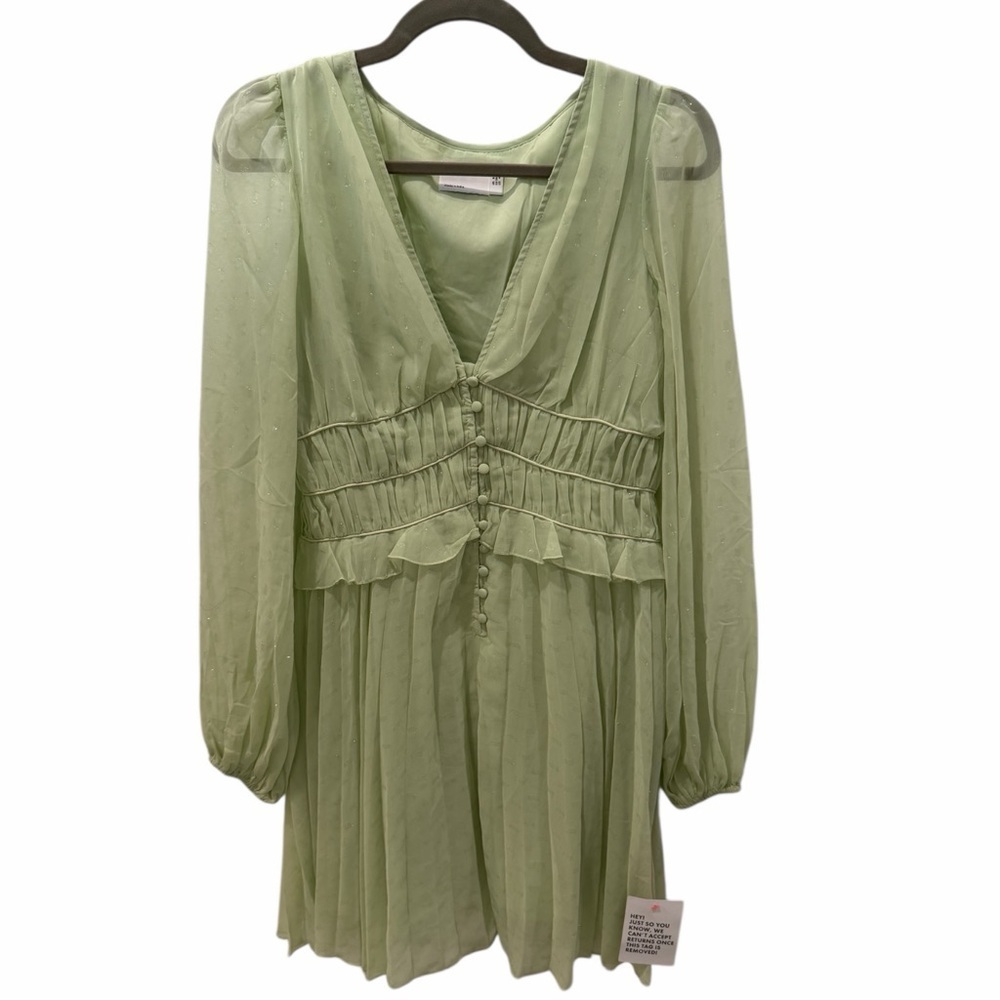 ASOS Sage Green Dobby Pleated Mini Dress Fairycore Forest Pixie Vibe NWT Size 4 - Picture 6 of 14